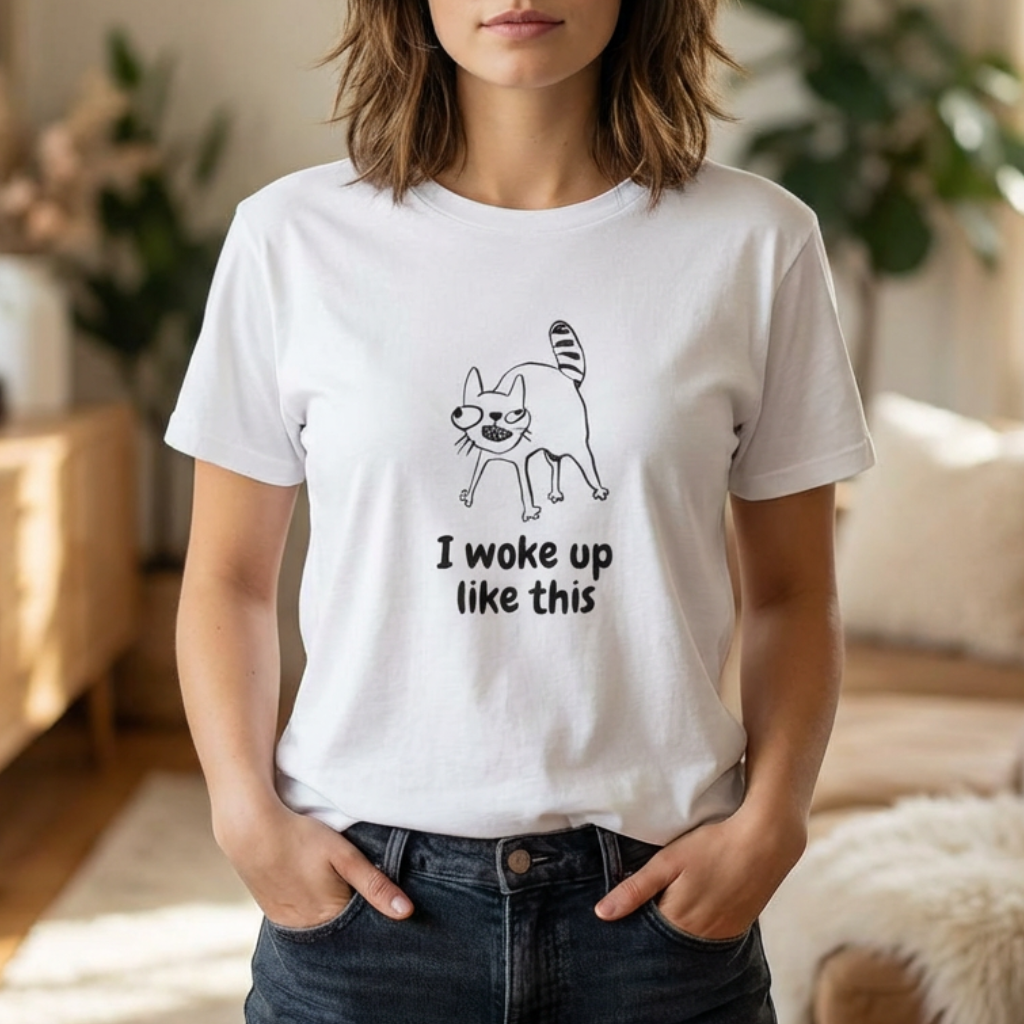 white cat t-shirt with sarcastic morning quote