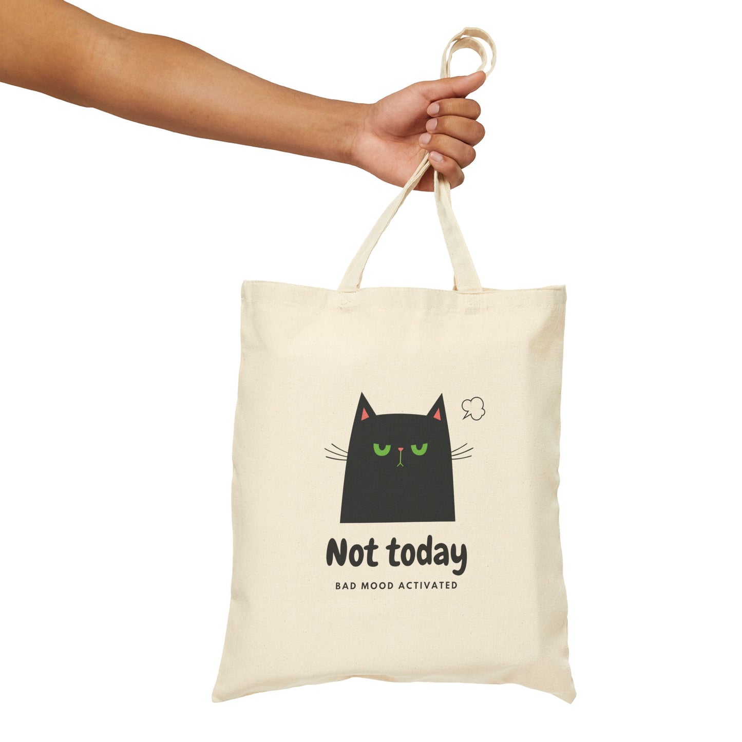 Grumpy black cat design on funny Not Today cat tote bag