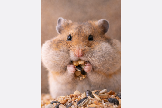 Hamster with full cheek pouches holding seeds illustrating why hamsters stuff their cheeks