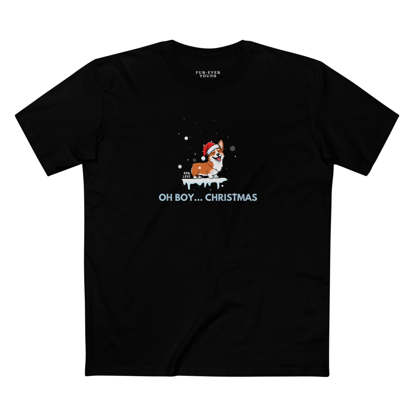 Black t-shirt with a Christmas-themed design featuring a dog and text on a white background