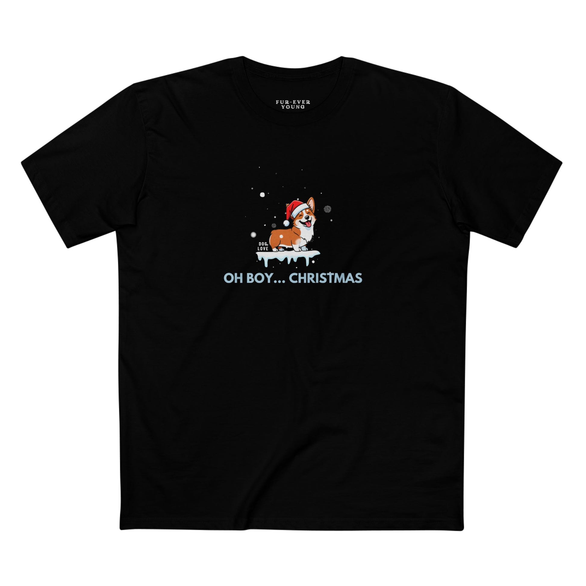 Black t-shirt with a Christmas-themed design featuring a dog and text on a white background