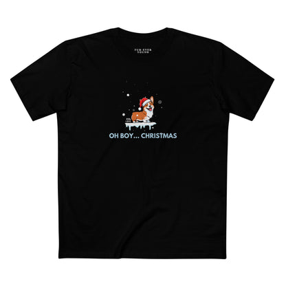 Black t-shirt with a Christmas-themed design featuring a dog and text on a white background