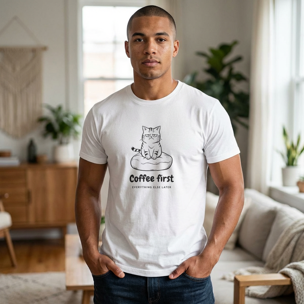 Funny coffee cat graphic tee with sarcastic “Coffee First” quote.
