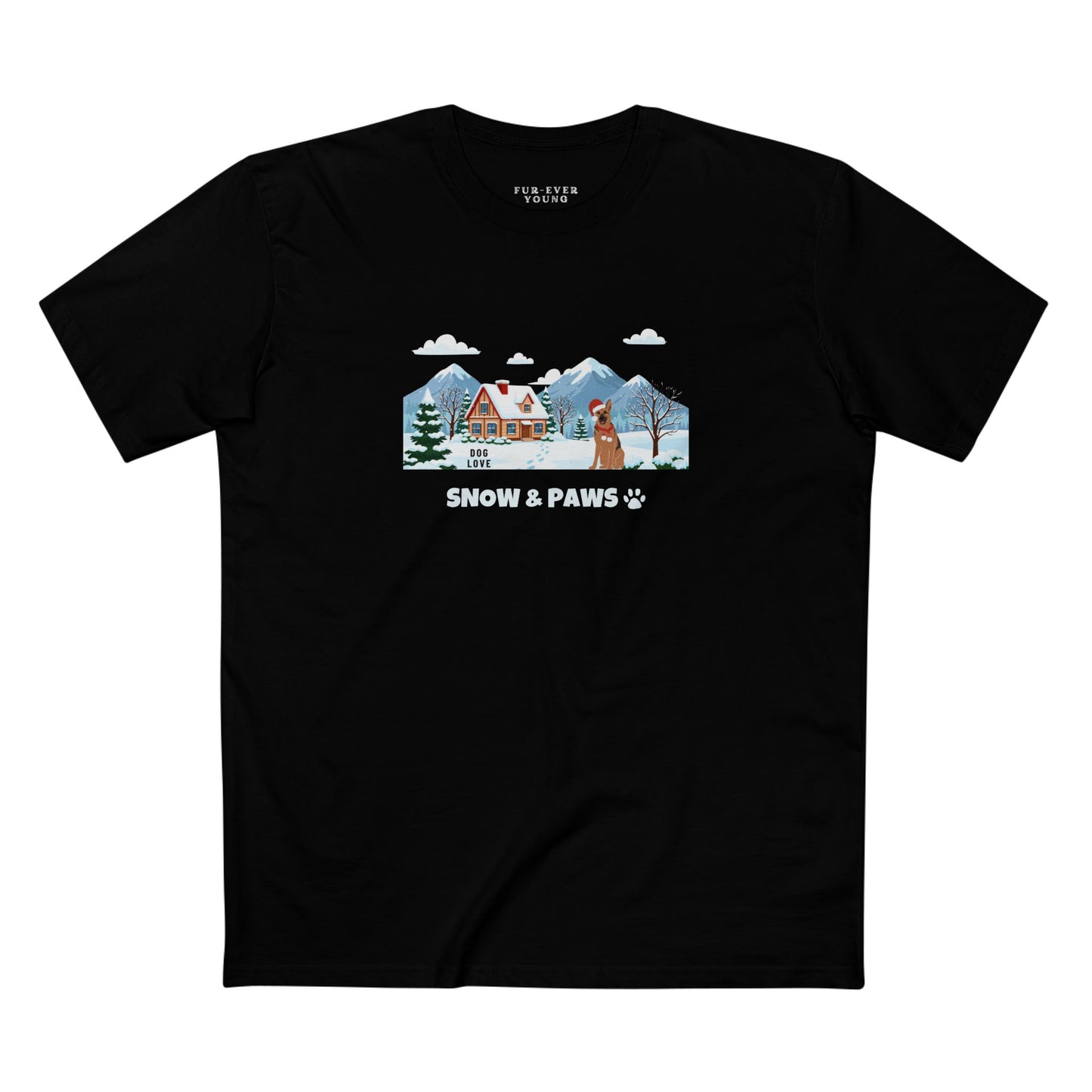 Black t-shirt with winter illustration featuring a German Shepherd, snowy house and mountains, “Snow & Paws” pet lover graphic tee