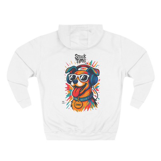 White hoodie with colorful graphic of a dog wearing headphones and sunglasses on a white background