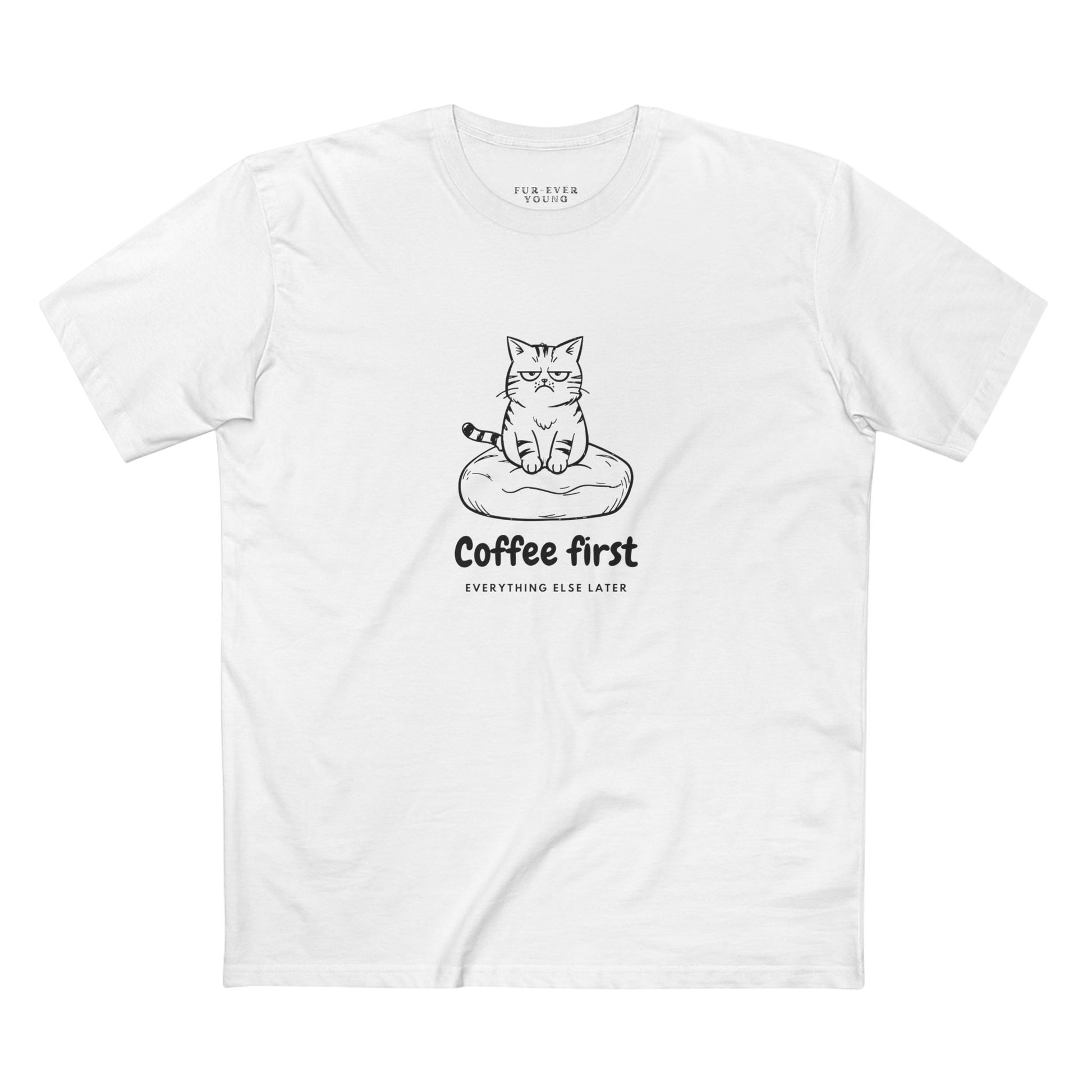 Minimalist cat t-shirt with “Coffee First” design for cat lovers and coffee lovers.