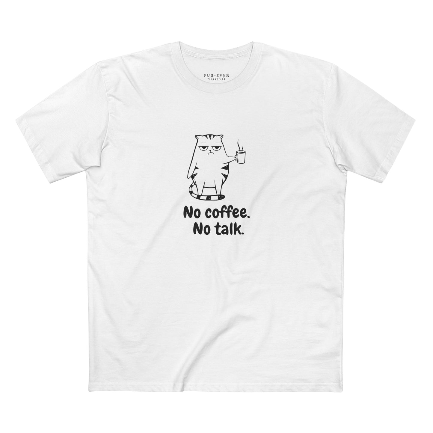 Funny cat t-shirt with minimalist “No Coffee No Talk” design for coffee loving cat owners.