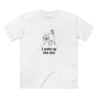 Funny grumpy cat t-shirt with minimalist “I woke up like this” design for cat lovers.