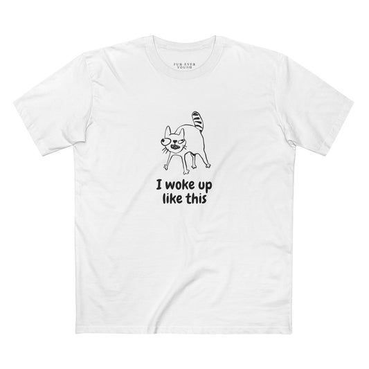 Funny grumpy cat t-shirt with minimalist “I woke up like this” design for cat lovers.