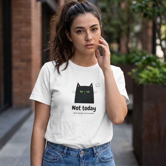 Grumpy black cat design on funny Not Today cat t-shirt