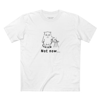 Funny grumpy cat t-shirt with minimalist “Not Now” design for cat lovers.